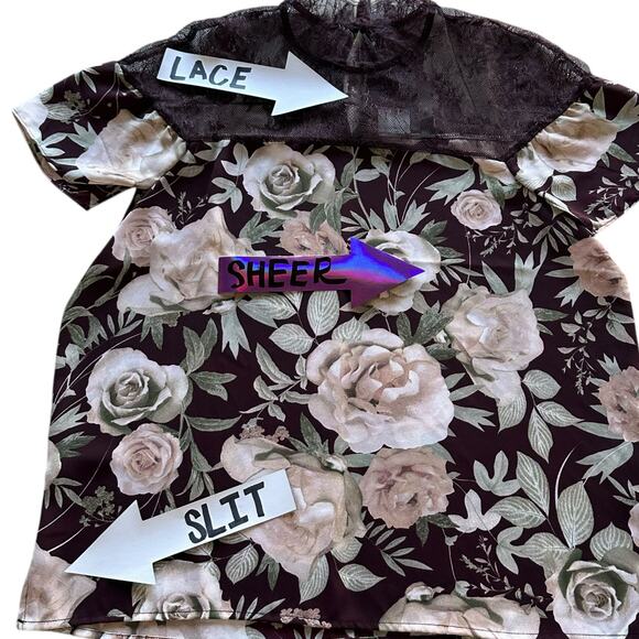 Womens Top Medium Sheer Floral Lace Burgundy Spring Summer Boho Whimsical - Picture 2 of 7
